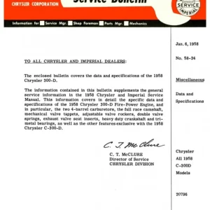 1958 Chrysler 300-D Service Bulletin Begränsat erbjudande